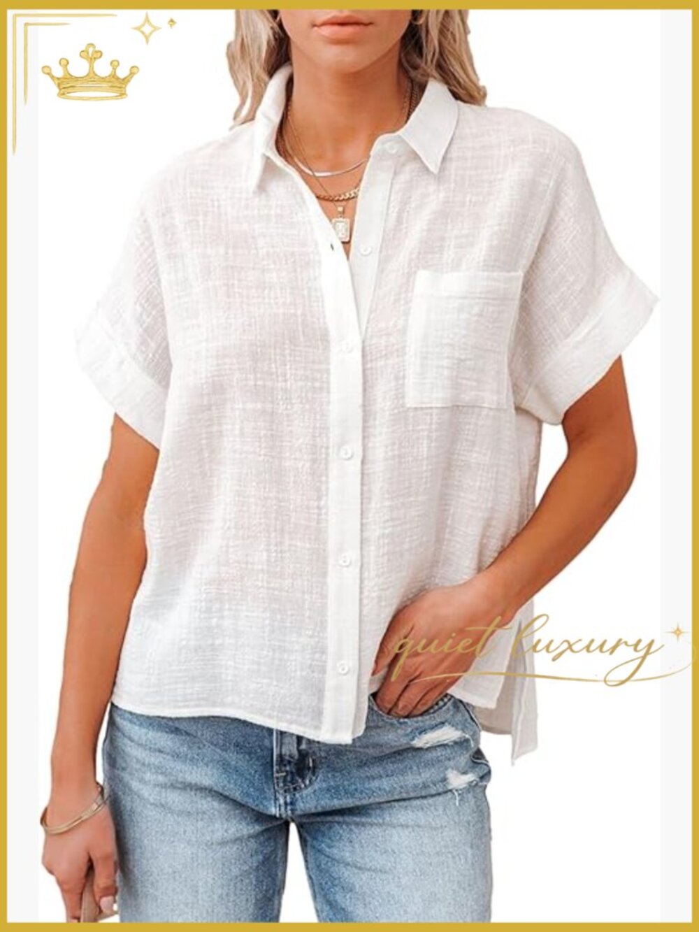 Women's Cotton Linen Button Down Short Sleeve Shirt Blouse with Pocket